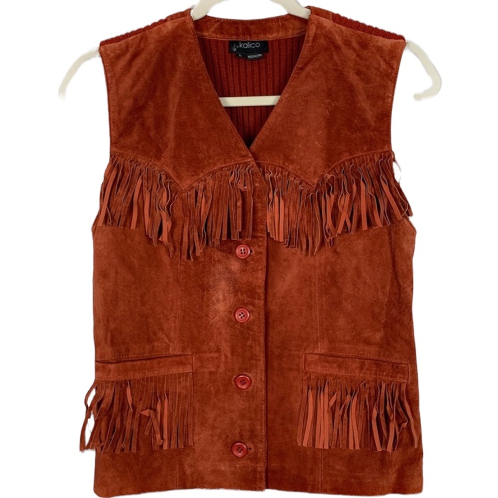 Boho Unique Western Hip Fringe Orange Genuine Leather Button V-neck Vest Cowgirl